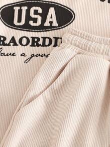 Conjunto de dos piezas para niña preadolescente con camiseta de manga corta de cuello redondo holgada con gráfico de letra y pantalones cortos de estilo informal de punto - Albaricoque - Ver 6
