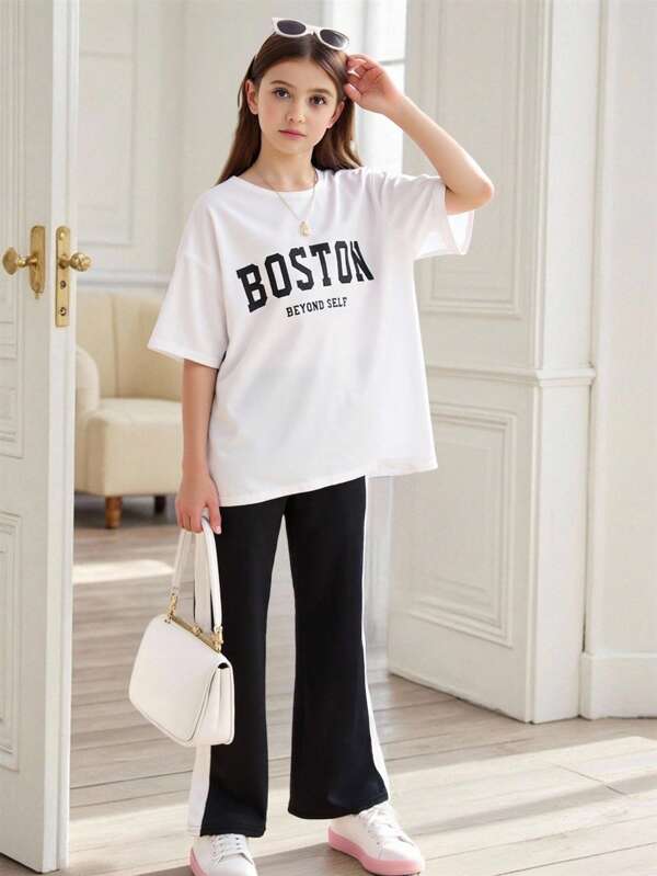 SHEIN Conjunto De Camiseta Casual De Manga Corta Para Niñas Con Letras Tejidas Sueltas Y Pantalones De Punto A Rayas De Pierna Ancha