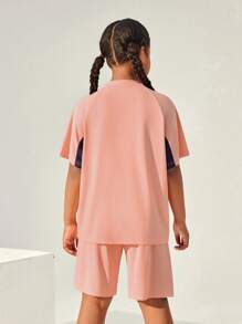 JNSQ Back To School Clothes, Tween Boys Outdoor Sports Short Sleeve Shorts Uniform T-Shirt Set Children's Round Neck Patchwork Contrast Color Funny Letter Print Outdoor Sports Short Sleeve Jersey Set - Orange - View 3