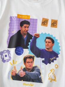 FRIENDS X SHEIN Elena Ilustra Camiseta blanca de verano con diseño gráfico de figura y dibujo animado, de corte holgado y casual para hombre