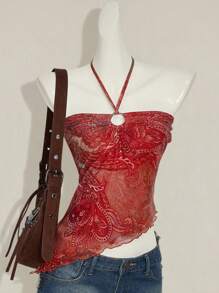 SHEIN ICON Y2k Halter Western Boho Red Country Concert Flowy Paisley Print Vintage Floral Print Asymmetrical Hem Backless Halter Top, Fashionable For Vacation - Multicolor - View 6