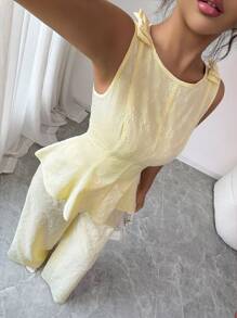 Selianne 女士夏季两件套，奶油黄色碎花纹理面料无袖上衣，蝴蝶结装饰和直筒裤，优雅别致 - 黃色 - 查看 5