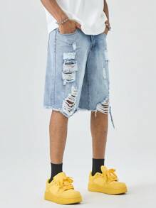 Manfinity EMRG Quần short denim rách thời trang nam - Rửa nhẹ - Xem 4