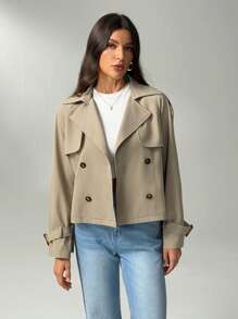 SHEIN Tall Beige Button-Down Drawstring Trench Coat Women's In Fall/Winter