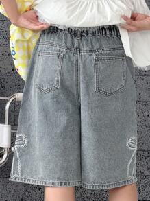 DAZY 夏季女童休闲水洗牛仔短裤，蝴蝶刺绣装饰 - 藍色 - 查看 2