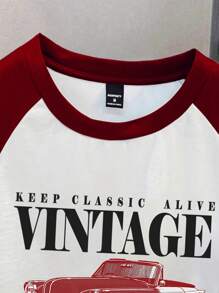 Manfinity Joysei Men's Standard Size Vintage Car Graphic Red Raglan Sleeve T-Shirt, Suitable For Summer, Gift For Friends Classic Car Tshirt Vintage Tees - Multicolor - View 3