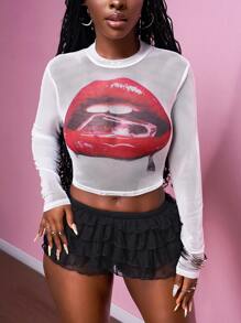 Slaydiva 2025 Spring-Summer New Music Festival, Easter, Western, Nomadic, Birthday Party, Graduation, Student, Daily Wear, Basic, Casual, Vacation, Cruise, Beach, Sunbathing, Popular, Simple Casual, Streetwear, Lip Print Women's T-Shirt + Tulle Skirt 2 Pieces Set - White - View 6