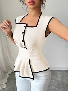 Rafferiza Women's Sleeveless Square Neck Waist-Defined Flare Hem Elegant Casual Commute Work Versatile Collared Blouse, Contrast Black & Apricot Color, Spring/Summer - Apricot - View 4