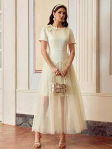 ZEYLAH Solid Color Contrast Mesh Floral 3D Elegant Dress - Beige - View 5