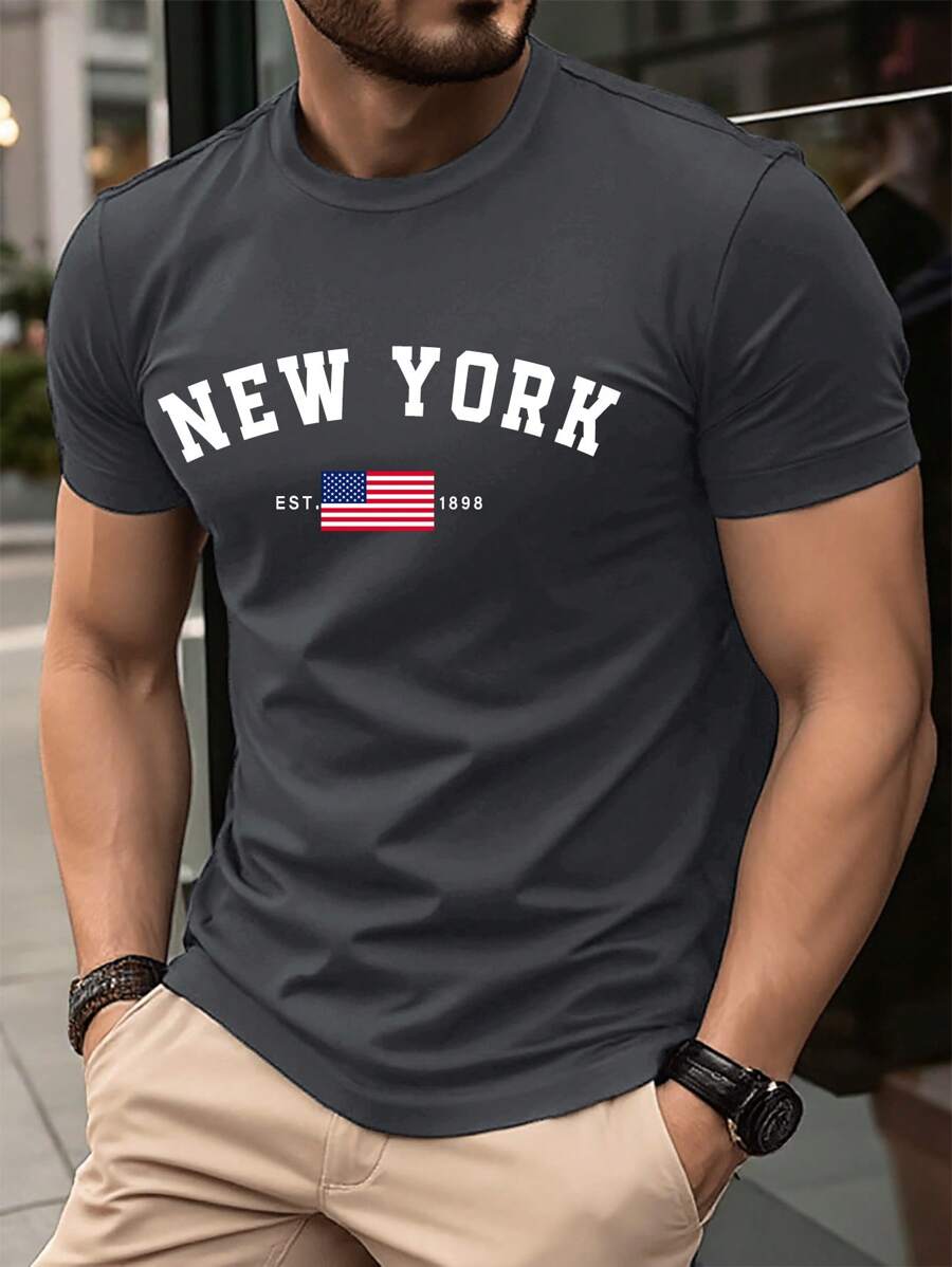 Manfinity Homme Men's Simple Printed Crew Neck Short Sleeve T-Shirt - Dark Grey - View 1