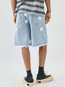 Manfinity EMRG Pantalones cortos de mezclilla con efecto lavado y desgastado con estampado de estrellas para hombres - Lavado ligero - Ver 2