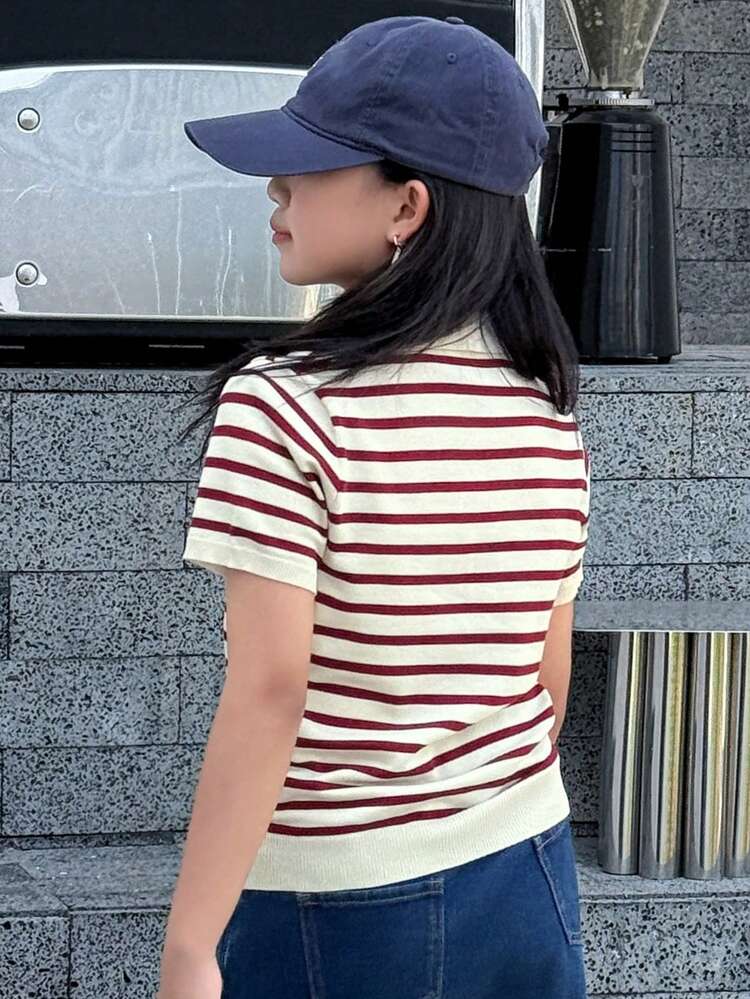 Tween Girl Casual Loose Striped Short Sleeve Pullover Sweater, Summer, Back To School