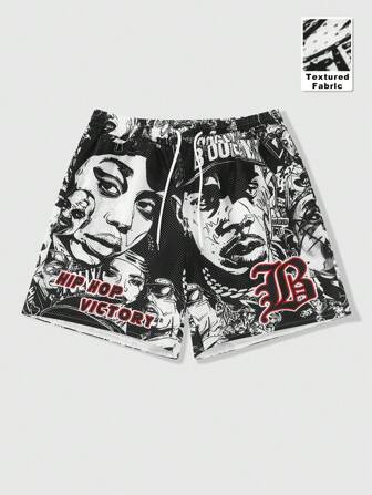 Street Life Short d'été décontracté pour hommes avec cordon de serrage à la taille, imprimé de silhouette et de lettres, en maille respirante