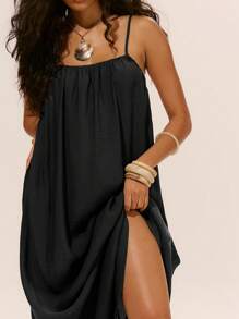 Musera Resort Linen Strappy Baggy Collum Maxi Dress Spring Summer Ibiza Outfit Holiday Cute Romantic Festival Vacation Beachwear Beach Black Fall  Elegant Graduation Long Dress - Black - View 4
