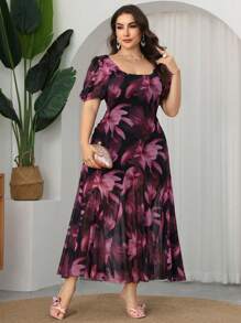 Modelyn Plus Size Spring/Summer Maxi Romantic Floral Print Fitted Elegant Contrast Mesh Insert Mermaid Hem Vacation Dress - Black - View 3