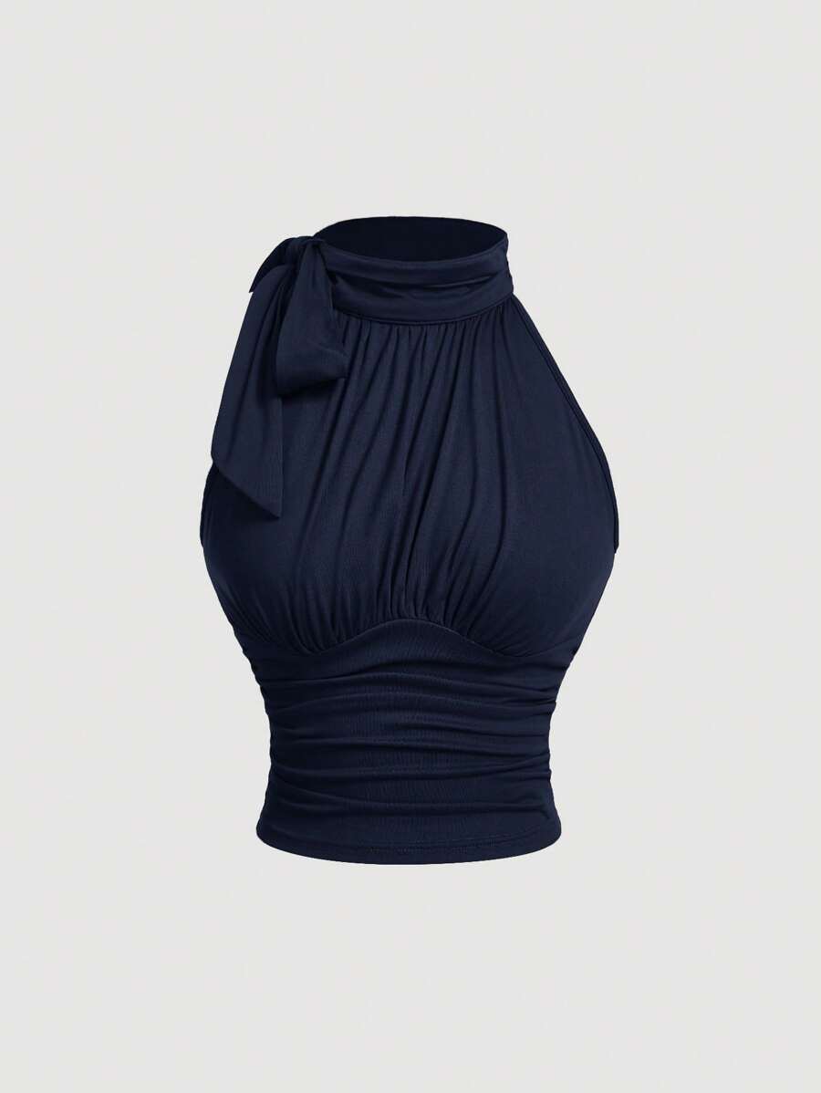 SHEIN MOD Women's Sleeveless Fashionable Fitted Charming Stand Collar Butterfly Ruched Tie-Up Apricot Blouse,Fall Tops,Work Women Tops,Club Tops,Professional Tops,Fall Clothes - Navy Blue - View 1