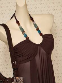 SHEIN ICON Y2k Halter Western Boho Vintage Brown Country Concert Babydoll Flowy Beaded Women's Beaded Tie-Up Ruched Áo ba lỗ hở vai thời trang, Mùa hè - Nhiều màu - Xem 6