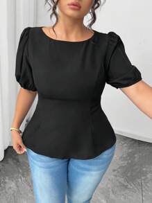 Elenzga Plus Size Women Solid Color Bow Tie Open Back Casual Short Sleeve Blouse, Summer