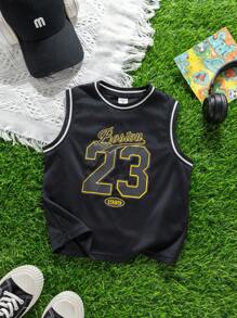 Parte superior holgada de punto sin mangas con estampado gráfico de letra para niños, apta para la escuela, el jardín, la playa, el cumpleaños, primavera, verano, otoño e invierno