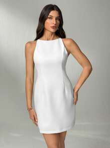 SHEIN Tall 女士优雅纯色无袖短裙、礼服、婚纱、白色毕业白裙、商务休闲女装 - 白色 - 查看 8