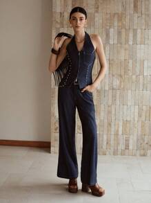 MOTF PREMIUM STUDDED DETAIL HALTER DENIM TOP & FLARE LEG JEANS - Royal Blue - View 8