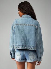 MISSGUIDED 西部波西米亚风牛仔夹克银色铆钉短款卡车司机风格超大秋冬节日时尚宣言外套 - 中等水洗藍 - 查看 2