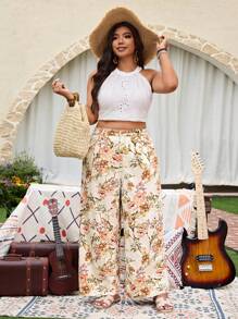 Pantalones vaqueros de pierna ancha con estampado floral digital para mujer de talla grande - Marrón - Ver 6