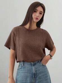 Dazy-Less Áo thun nữ công sở tay ngắn cổ tròn rộng rãi mùa hè - màu nâu - Xem 5