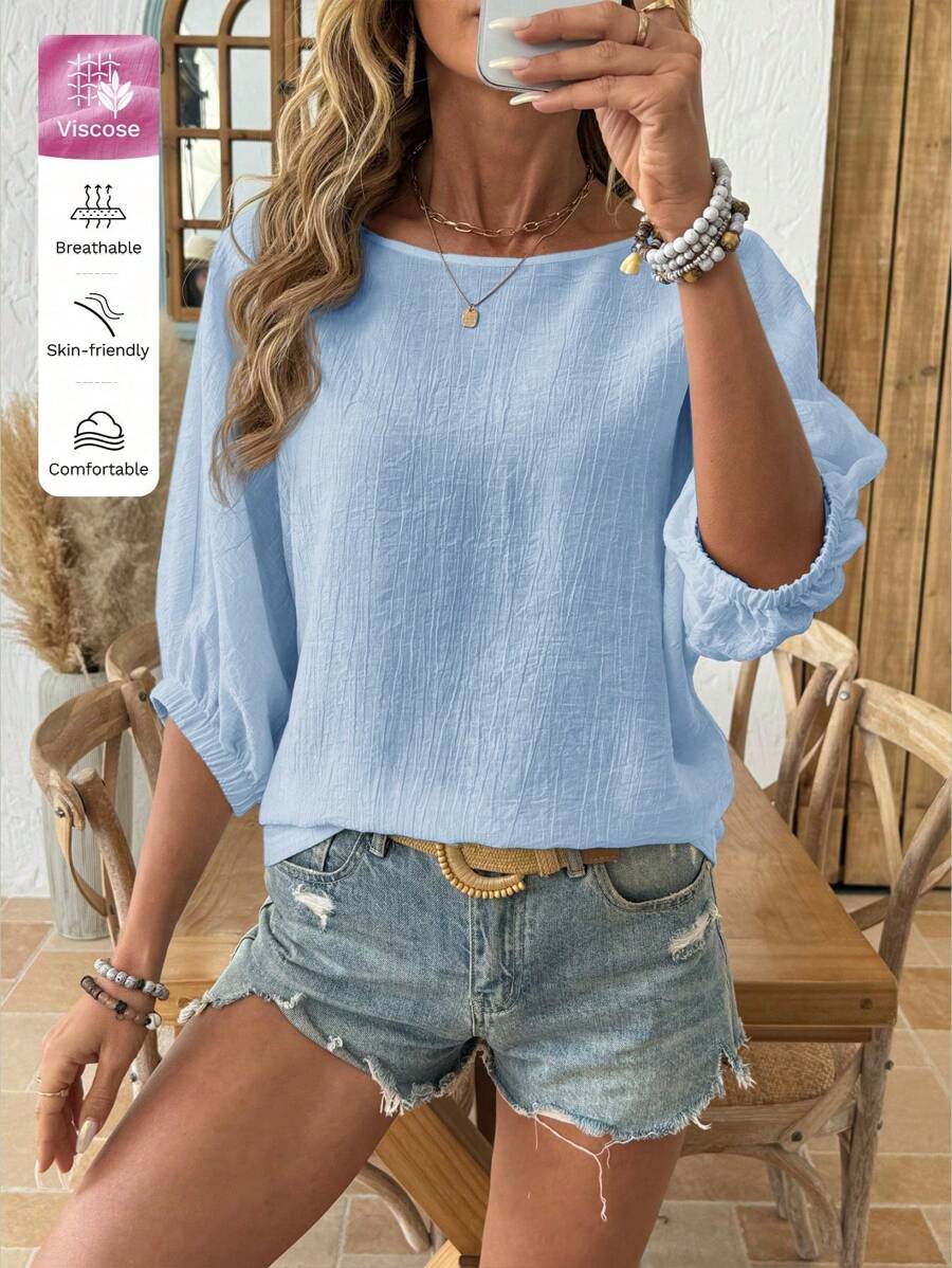 SHEIN LUNE Plus Size Casual Textured Flowy Blouse, Summer Mother's Day Church Baby Blue Top, Light Blue Top Summer Tops - Baby Blue - View 1