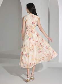 Heiryn 女士花卉印花褶皱无袖优雅中长连衣裙，适合度假 - 彩色 - 查看 4
