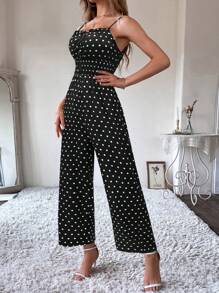 VaVaBold Polka Dot Print Tie-Knot Front Jumpsuit, Casual And Fashionable For Summer
