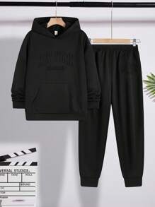 SHEIN Teen Boys Casual Embossed Hoodie & Sweatpants Set Hoodie And Sweatpants Black Basic Set Fall Winter - Black - View 7