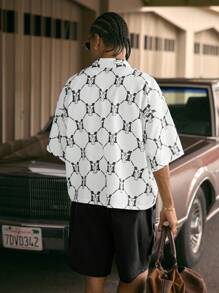 AXEPEAK Camisa de corte holgado con cuello, manga corta y estampado digital, con cordón en la cintura - Set para hombre