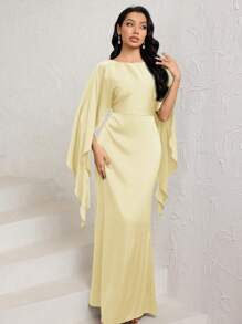 Veilorie فستان طويل ساتان بأكمام كيب أنيقة بياقة مستديرة للنساء، بذيل سمكة لون بني موكا