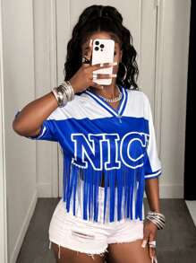 BamGleam Blue Cool Casual Fringe T-Shirt - Blue - View 3