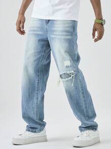 Manfinity Hypemode Men's Ripped Jeans Light Wash Denim Casual Modern Style Distressed And Stacked Design Long - Light Wash - View 8