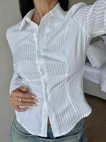 少女白色修身弧形下摆百搭休闲衬衫 - 白色 - 查看 5