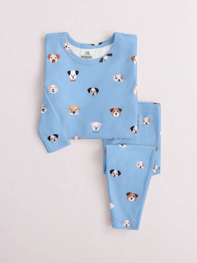 SHEIN Young Boy Snug Fit Cute Cartoon Bear Print Round Neck Long Sleeve T-Shirt And Pajama Pants Set, 2 Pieces, Soft & Comfortable Sleepwear
