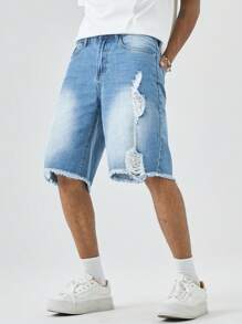 Manfinity Roghcode Men's Light Wash Denim Bermuda Shorts Ripped Detail Avant-Garde Street Casual Jean Shorts For A Look - Light Wash - View 1
