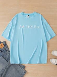 Mystic heart FRIENDS X SHEIN Men's Summer Casual Letter Printed Short Sleeve T-Shirt - Blue - View 3