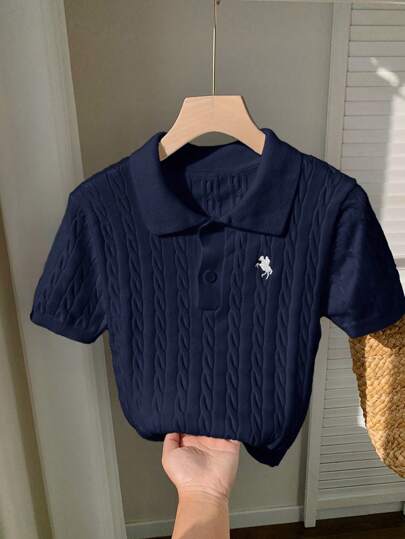 Comfortcana Top de punto de manga corta con giro, color azul marino con estrella bordada, estilo informal y casual para mujer