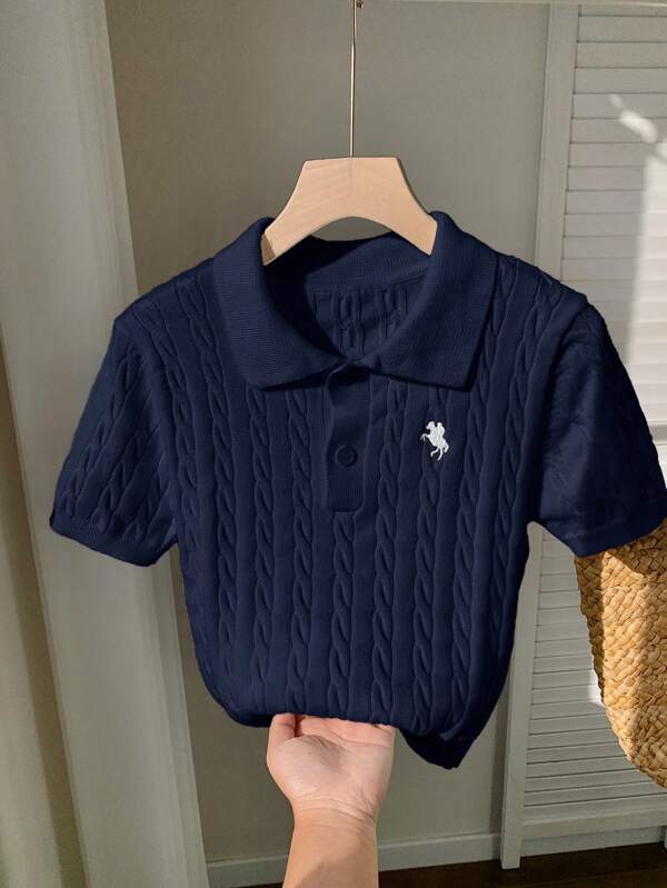 Comfortcana Top casual pentru femei, de zi cu zi, cu broderie stea, bleumarin, cu mânecă scurtă, tricotat răsucit