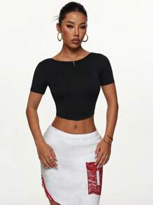 SHEIN Dewbera Women's Casual Solid Color Breathable Fitness Running Sports Top - Black - View 5