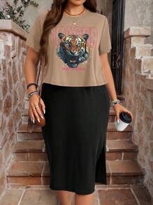 SHEIN LUNE Plus Size Tiger Print T-Shirt & Solid Color Side Slit Dress 2Pcs Set - Mocha Brown - View 3