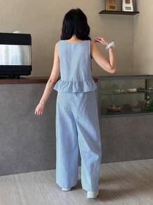 SHEIN TEENGIRL 2 Pieces Casual Set: Loose Fitting Blue & White Striped Sleeveless Top And Long Pants, Suitable For Vacation And Minimalist Style Two Piece Women Sets Girl Co Ord Sets Striped Two Piece Set Casual Two Piece Set Teen Outfit Two Piece - Blue and White - View 4