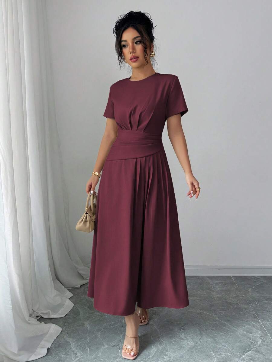 SHEIN Elenzya 女士纯色休闲、商务、下午茶、派对圆领腰部 A 字短袖迷你连衣裙，春夏 - 紫紅色 - 查看 1