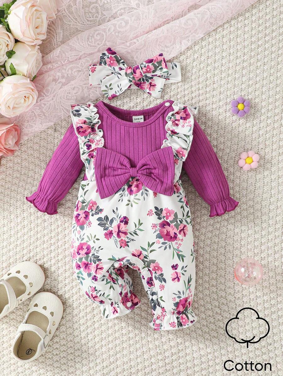 SHEIN Baby Girl Floral Print Ruffle Trim Flounce Sleeve Bow Front Jumpsuit & Headband