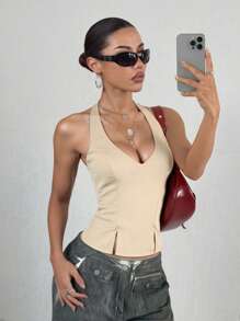 Women's Solid Color Halter Neck Sexy Backless Crop Top - Apricot - View 4