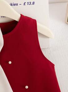 SHEIN Elladie kids 年轻女孩夏季新款珍珠蝴蝶结无袖荷叶边下摆A字连衣裙，时尚优雅公主通勤连衣裙