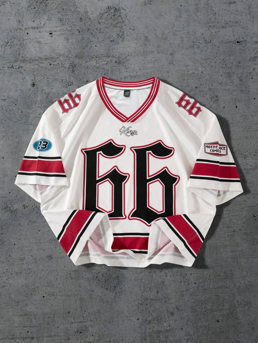 PAVTROS 男士条纹拼接数字印花短袖T恤，休闲日常穿着，图案T恤，图案T恤，图案男士T恤